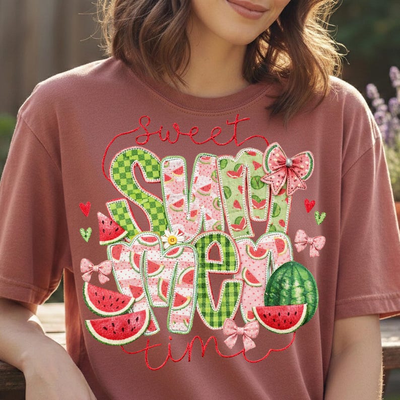 Earthy terracotta oversized tee printed with a sweet summer typography design in a rustic applique style