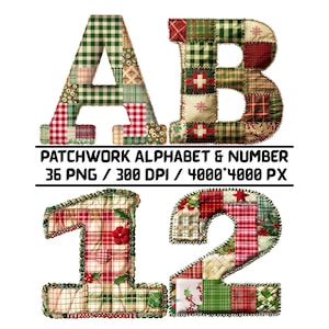 Alphabet et nombre PNG en patchwork matelassé, lettre en tissu, conception de polices par sublimation, décoration de chambre d'enfant, téléchargement numérique