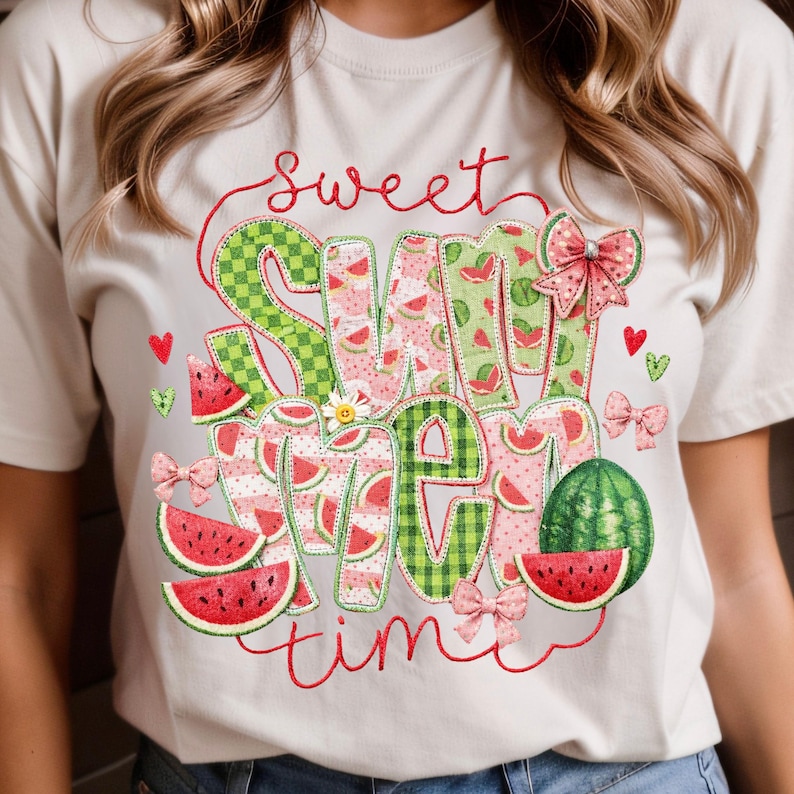Casual cream colored t-shirt showcasing a vintage watermelon embroidery style for a trendy summer outfit