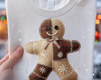 Patchwork Gingerbread Man PNG, Rustic Christmas Applique Design, Submilation, Digital Download