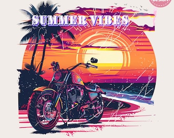 Retro Motorcycle Beach Design, Summer Vibes PNG, Sublimation Design, Digital Download