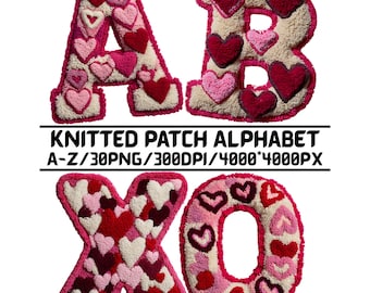 Chenille Alphabet PNG Bundle | Valentine Fuzzy Patch Letters | Heart XOXO Font | Sublimation Design