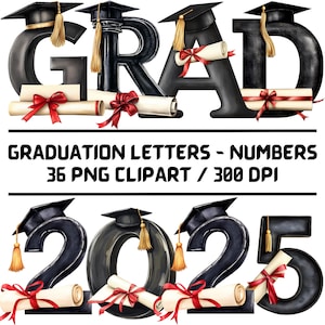 Letras y números de graduación PNG Clipart / 36 archivos digitales / Clase de 2025 / 300 DPI / Fondo transparente / Paquete de maquetas gratis