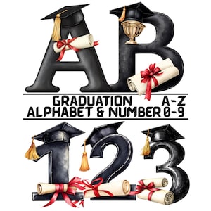 Graduation Alphabet Clipart PNG Bundle, Black Gold Letters Numbers (Digital Download), Senior Grad Graphics