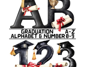 Graduation Alphabet Clipart PNG Bundle, Black Gold Letters Numbers (Digital Download), Senior Grad Graphics