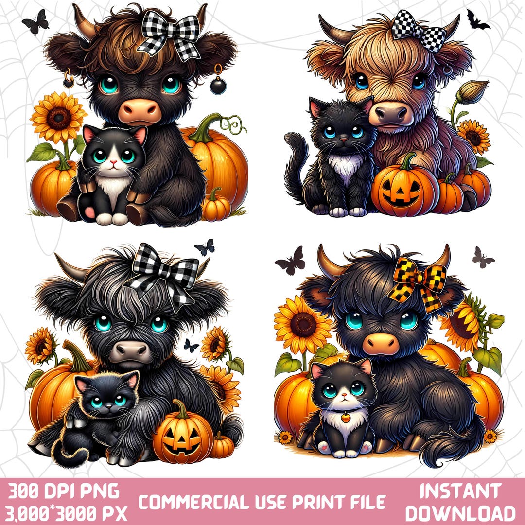 Halloween Highland Cow & Cat PNG (digital Download), Sublimation Design ...