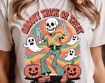 Retro Halloween PNG,Skeleton Ghost,Pumpkin Clipart,Trick or Treat,Shirt Sublimation,Digital Download