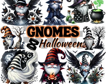 May include: A set of ten digital illustrations of gnomes dressed in Halloween costumes. The gnomes are wearing black and white striped hats, black and red striped hats, and purple and black hats. The gnomes are holding pumpkins, cauldrons, and other Halloween props. The illustrations are set against a white background.