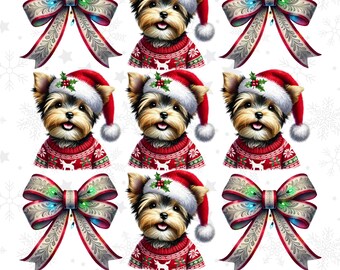 Coquette Christmas Yorkshire Terrier Puppy PNG, Dog Bow Design, Sublimation Design, Digital Download