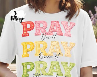 Pray On It Over Through PNG, Quilted Patchwork Letters, Floral Bible Quote, Sublimation Digital