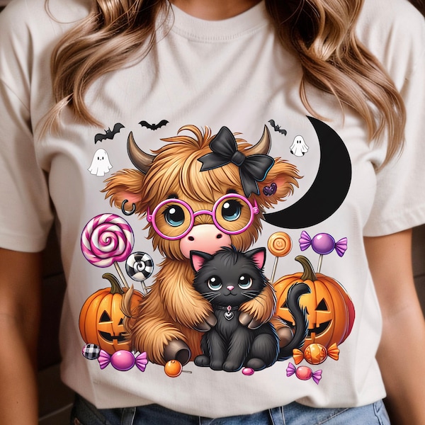 Halloween Highland Cow PNG, Black Cat, Spooky Season (Digital Download), Sublimation design