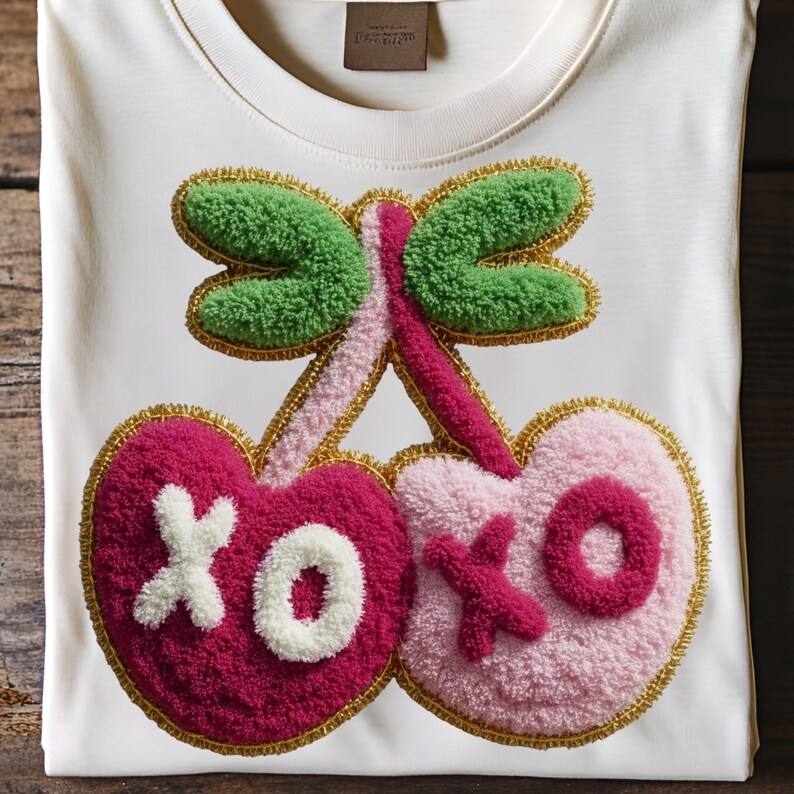 May include: White t-shirt with a colorful embroidered cherry design. The cherries are pink and light pink, with green leaves and gold trim. The design includes the letters "XO" in white and pink.