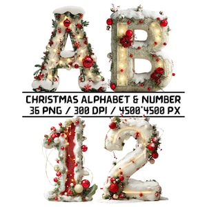 Alfabeto natalizio 3D PNG, carattere festivo innevato, lettere e numeri, design a sublimazione, download digitale