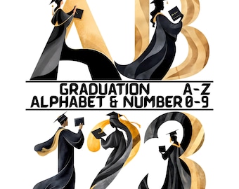 Graduation Alphabet PNG Bundle, Black Gold Letters A-Z Numbers 0-9, Luxury Senior (Digital Download)
