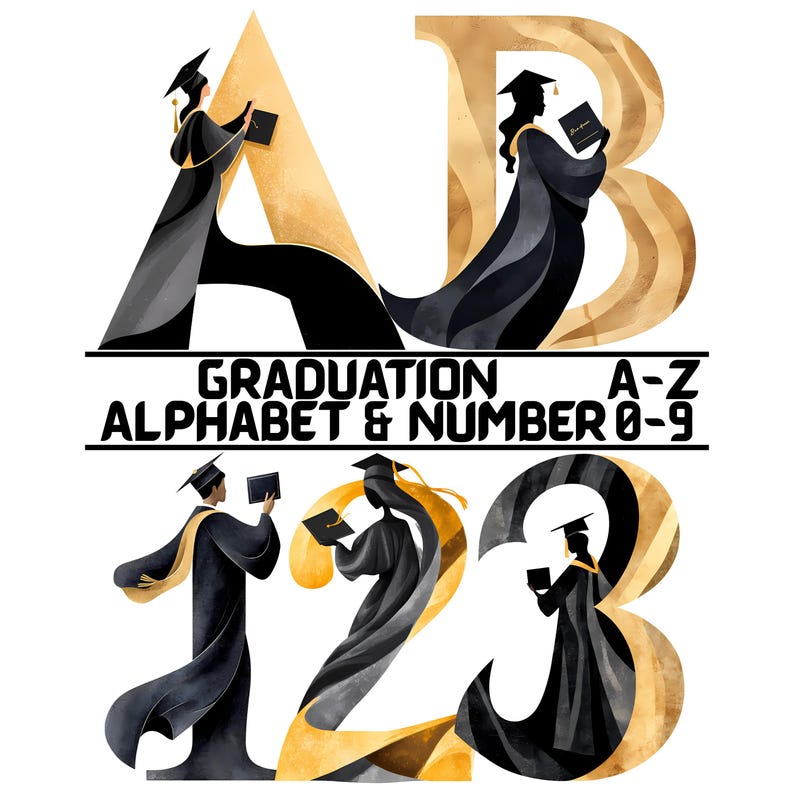 Graduation Alphabet PNG Bundle, Black Gold Letters A-Z Numbers 0-9 ...