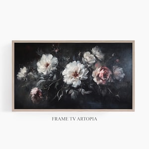 Vintage Peony Frame TV Art: Moody Floral Oil Painting (Digital Download 3840x2160px JPG File)