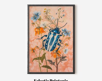 Printable Eclectic Wall Art, Beetle and Wildflowers Artwork, Instant Vintage Print, Digital Download