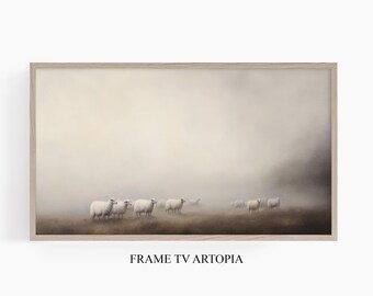 May include: A painting depicting a flock of white sheep walking through a misty field. The sheep are in a line, and the mist is so dense that it is hard to see the background.