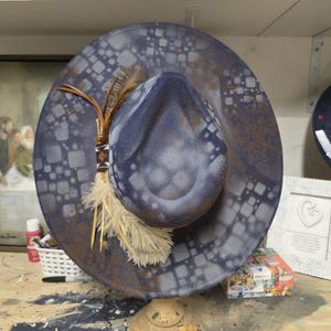 Custom hand made western boho destructed woodburned navy and rust fedora.