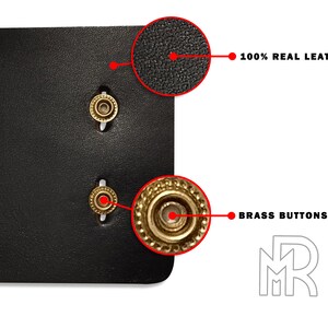 May include: A black leather patch with three brass buttons. The patch is labeled "100% REAL LEATHER" and "BRASS BUTTONS".