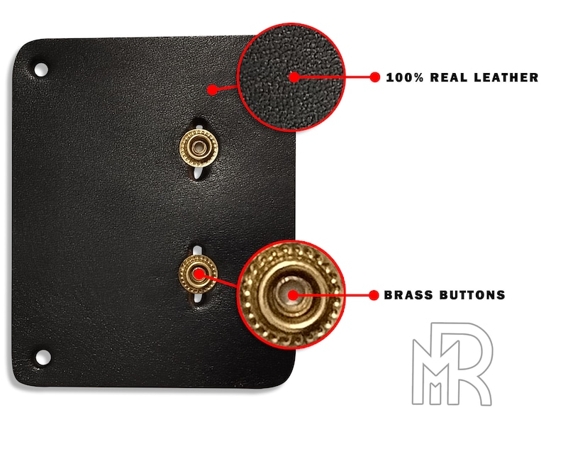 May include: A black leather patch with three brass buttons. The patch is labeled "100% REAL LEATHER" and "BRASS BUTTONS".