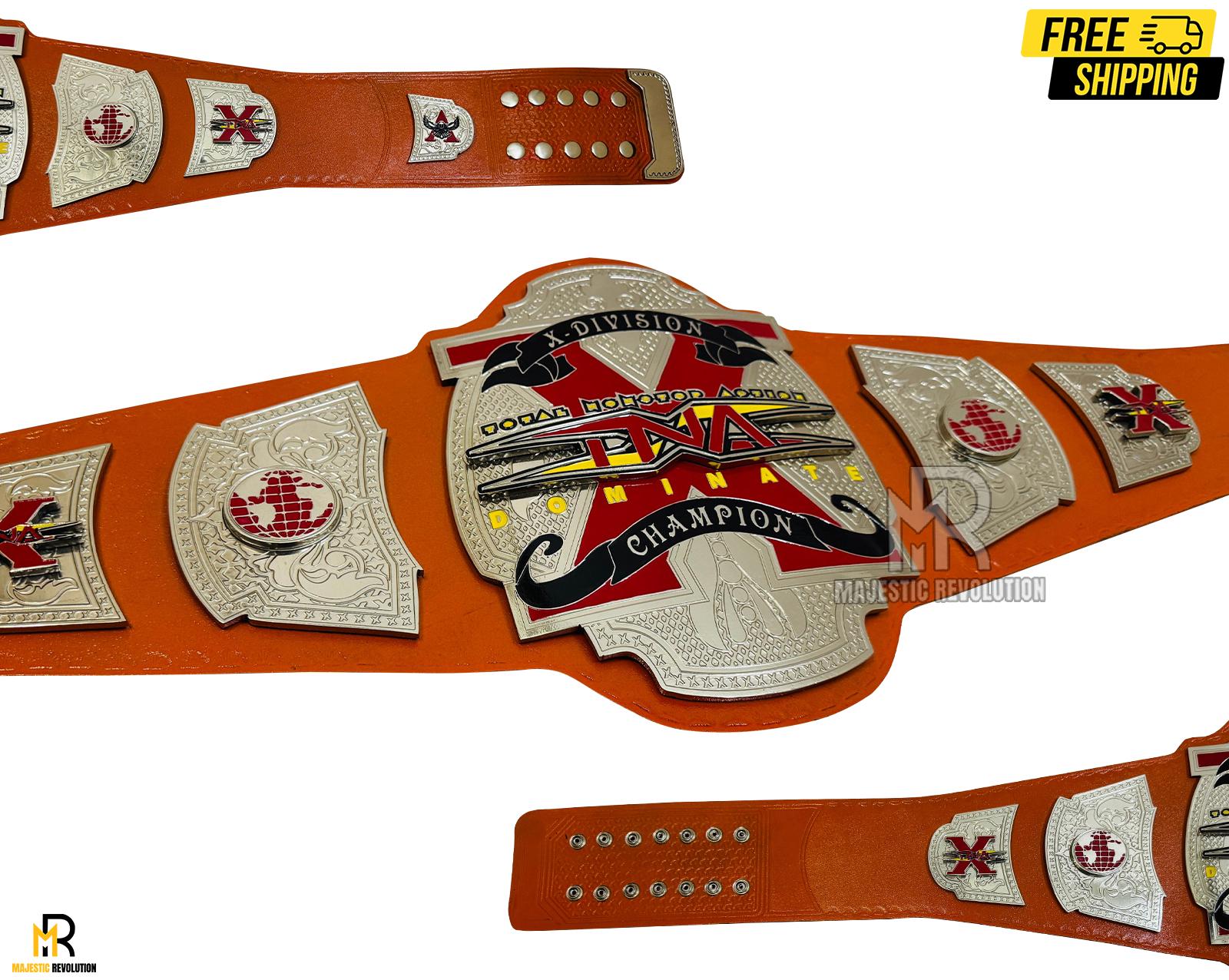 TNA X Division Championship Belt Replica: Dual Layer Brass, Orange Leather