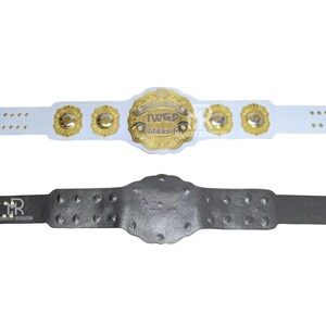 May include: Two wrestling championship belts. The top belt is white with gold accents and a central gold emblem that reads "IWGP CHAMPION". The bottom belt is dark gray with a textured surface and gold accents.