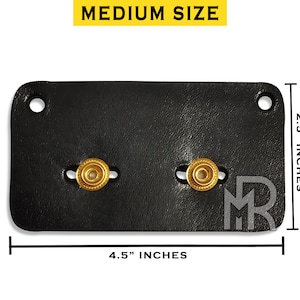 May include: Black leather wallet with two gold metal snaps and the initials "MR" embossed on the bottom right corner. The wallet measures 4.5 inches wide and 2.5 inches tall.