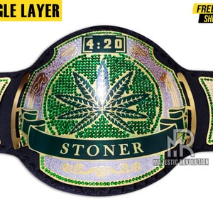 Cinto de Luta Livre 420 Stoner - Título de Campeão com Folha de Cannabis - Presente para Fãs de Maconha com Design de Ganja - Cinto Troféu Inspirado em Bob Marley para Fumantes Single Layer