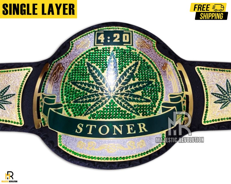 Cinto de Luta Livre 420 Stoner - Título de Campeão com Folha de Cannabis - Presente para Fãs de Maconha com Design de Ganja - Cinto Troféu Inspirado em Bob Marley para Fumantes Single Layer