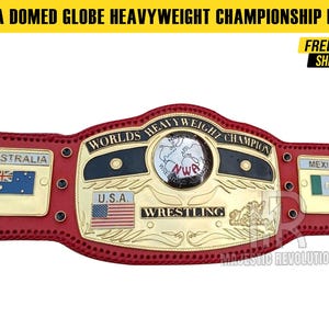 NWA Domed Globe Championship Belt: Red Leather Strap, Brass Plates