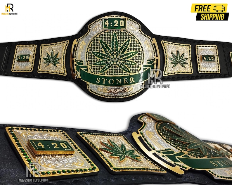 Cinto de Luta Livre 420 Stoner - Título de Campeão com Folha de Cannabis - Presente para Fãs de Maconha com Design de Ganja - Cinto Troféu Inspirado em Bob Marley para Fumantes imagem 1