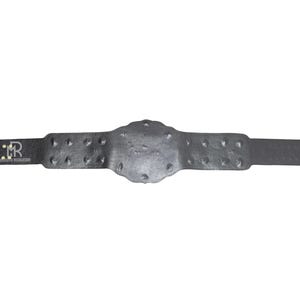 May include: A black championship belt with a textured, metallic appearance. The belt features a central emblem and is adorned with small, round studs. The buckle is gold-colored, and the text "REVOLUTION" is visible.