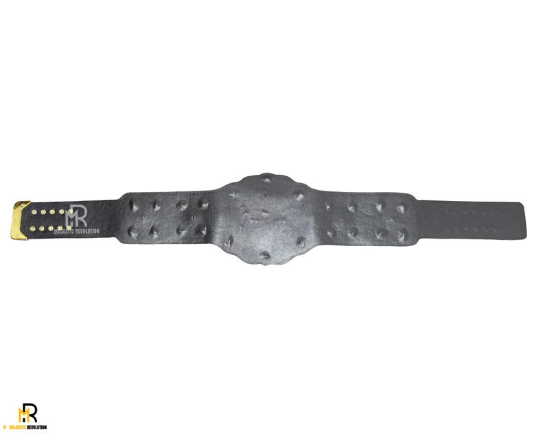 May include: A black championship belt with a textured, metallic appearance. The belt features a central emblem and is adorned with small, round studs. The buckle is gold-colored, and the text "REVOLUTION" is visible.