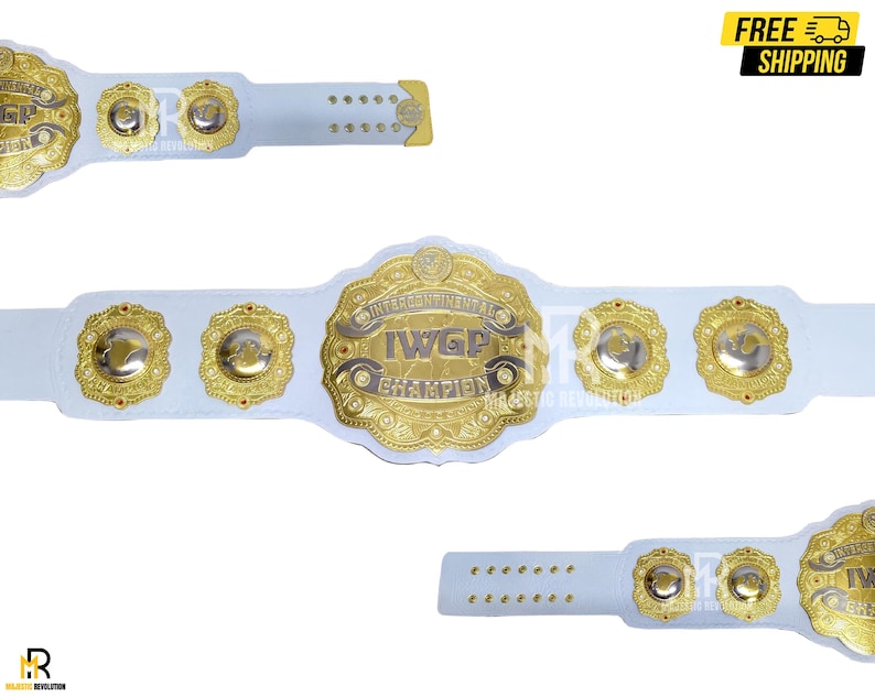 May include: White wrestling championship belt with gold accents. The belt features the text "INTERCONTINENTAL IWG CHAMPION" and several gold medallions. The image also includes the text "FREE SHIPPING".