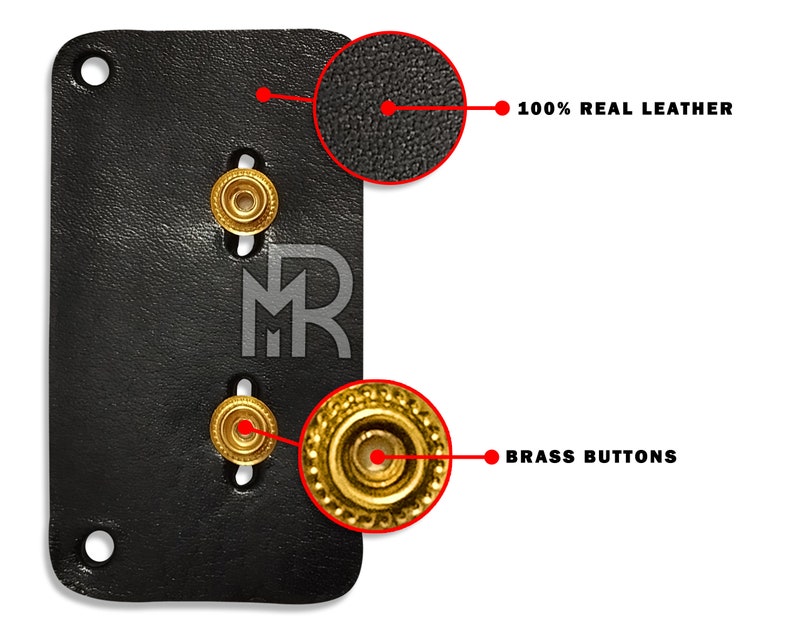 May include: A black leather wallet with brass buttons and the text "MR" embossed on the front. 100% real leather.