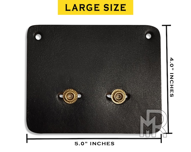 May include: Black leather wallet with two brass snaps. The wallet measures 5 inches wide by 4 inches tall.