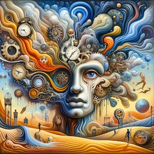 May include: A surreal painting of a face with clockwork gears and swirling colors. The face is surrounded by a swirling, abstract background with clocks and other imagery. The painting is in a style reminiscent of Salvador Dali.