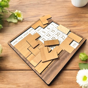 2 Puzzles in One - Wooden Date Puzzle Game - 2 Difficulty Levels - Change the Date Daily - Unique Wooden Desk Gift - Puzzle Brain Teaser