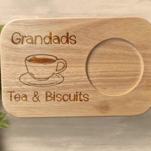 Close-up of laser engraved Grandad's name on wooden tea tray – custom personalised gift idea