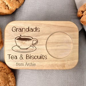Tea and biscuit board in use with mug and biscuit – sofa snack tray for tea lovers