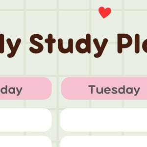 May include: A weekly study planner with a cartoon dog on the left and floral designs on the right. The planner has a pink header with the text "Weekly Study Planner" and columns for Time, Monday, Tuesday, and Wednesday. The time slots are 9:00 am and 10:00 am.