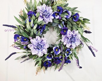 Floral Wreath, Lavender Purple Flower Wreath, Cottage Garden Door Decor