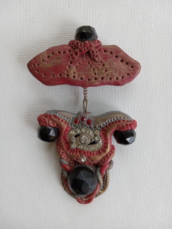 Polymer clay brooch w/vintage findings