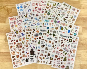 Hand Drawn Holiday Planner Stickers - Seasonal Scrapbook Stickers 12 sheet