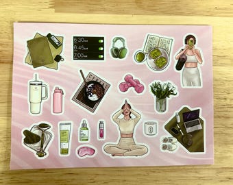 May include: A sticker sheet with various illustrations of wellness and self-care items. Includes a laptop, dumbbells, a yoga pose, a water bottle, a mug, and a plate of avocado toast.