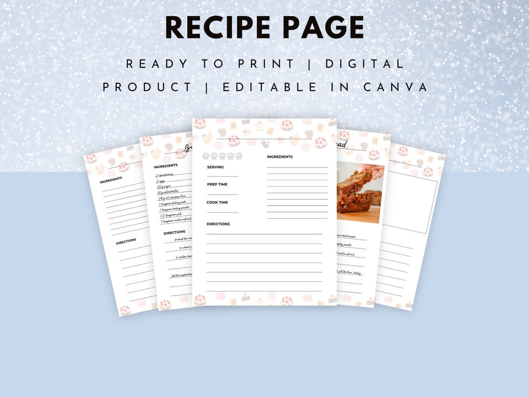 Digital Recipe Card, Printable Recipe Page, Recipe Card Template ...