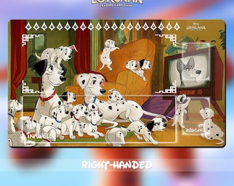 Op de afbeelding: Een Disney Lorcana trading card game kaart met een groep Dalmatische puppy's in een woonkamer. De kaart heeft de titel "Right-Handed" en de tekst "Disney Lorcana Trading Card Game".