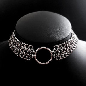 Chainmail choker necklace with ring | Adjustable | Stainless steel | Silver-colored | Handmade