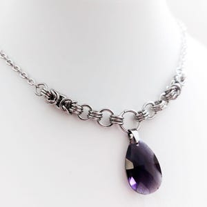 Chainmail choker necklace with glass pendant | Adjustable | Stainless steel | Silver-colored | Handmade